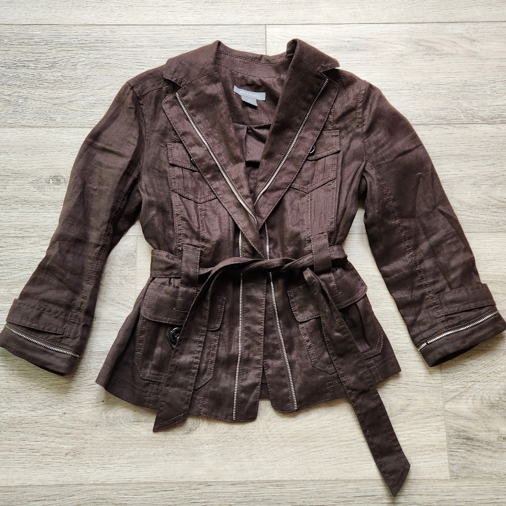 Ann Taylor Brown Jacket Womens Xs Snap Zipper Detail Belt ¾ Sleeves Linen